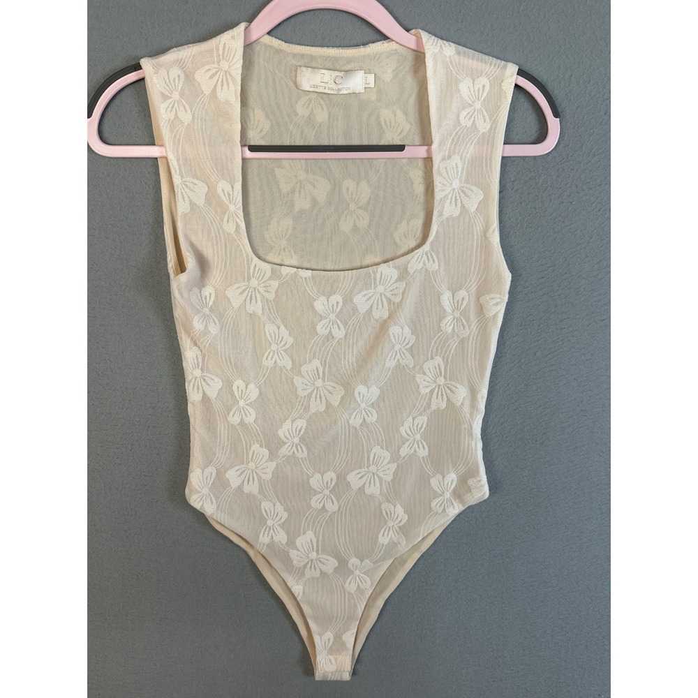 Lizette Collection Cream Mesh Bow‎ Embroidered Bodysuit Square Neck Large